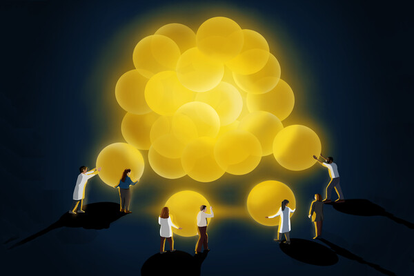 Illustration of scientists building a glowing structure collaboratively.