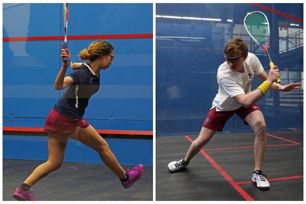 At the Penn Squash Center, Aly Abou Eleinen, left, and Andrew Douglas, right prepare to hit the ball with their racquets.