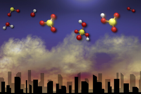 chemicals representing geoengineering float over a city skyline.