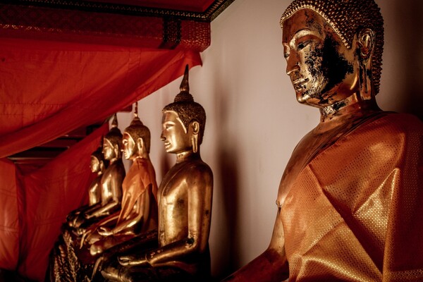 A row of gilded Buddha figures sit under a canopy swathed in red cloth