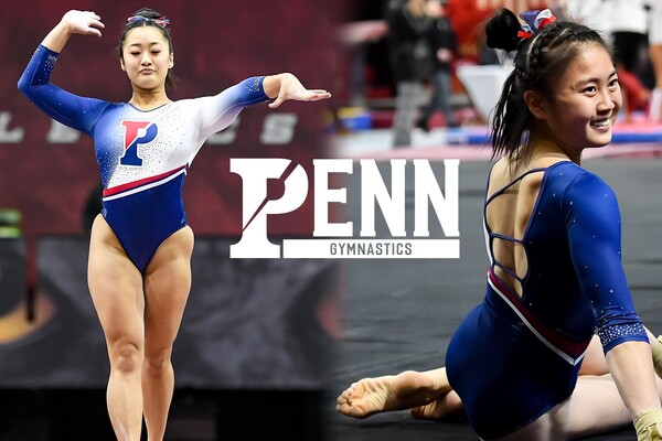 Natalie Yang performs on the balance beam; sophomore Sara Kenefick performs on the floor.