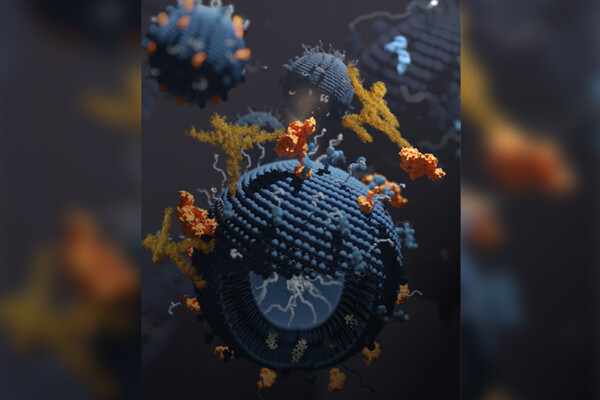 Microscopic view of nanomedicine particles attacked by immune system proteins.