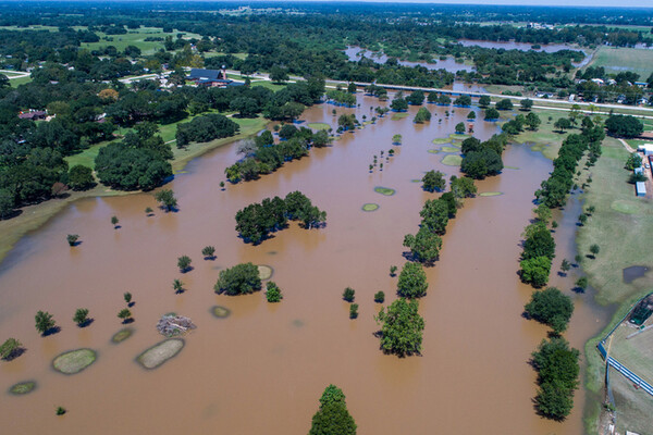Aerial view of a flooded Texas town.