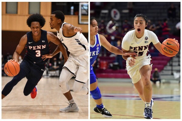 Jordan Dingle, left, dribbles to the basketball against Yale during the Ivy League Tournament in Connecticut. Kayla Padilla, right, dribbles to the basket against Duke at the Palestra.
