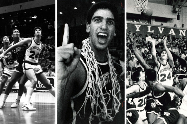 A collage showing Bruce Lefkowitz fighting for a rebound, posing with the No. 1 finger in the air, and shooting a shot.