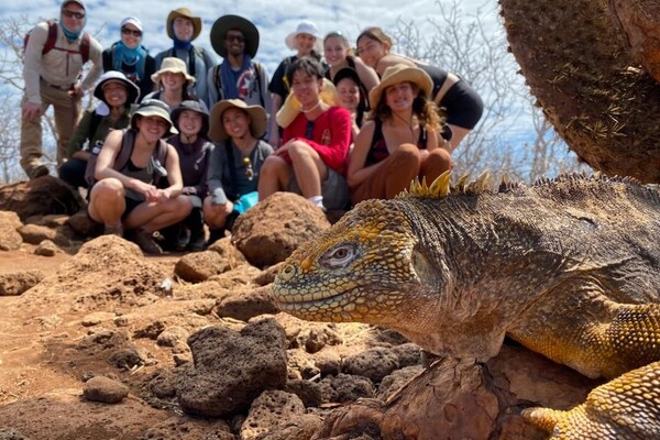 A group of students sit and smile for the camera on the ground in the Galapagos while a large lizard walks in the foreground.