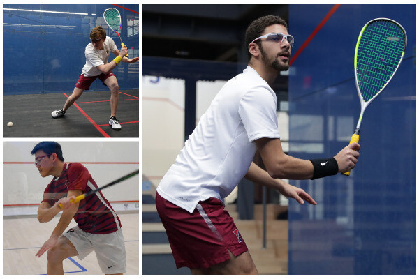 At the Penn Squash Center, Andrew Douglas (top), Nathan Kueh (bottom) and Aly Abou Eleinen (right) swing their racquets during a match.
