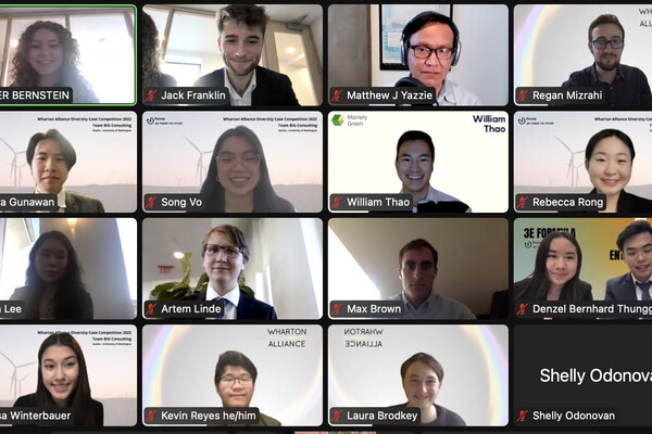 Screenshot of virtual competition with students on zoom call.