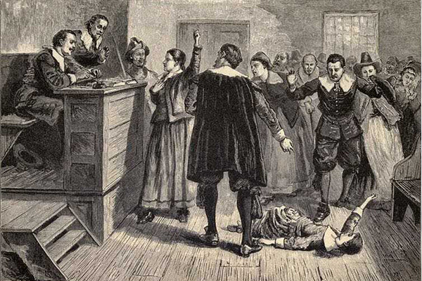Historical rendering of a courtroom in the era of the Salem witch trials.