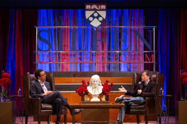 Interim president Wendell Pritchett interviewing Ken Burns.