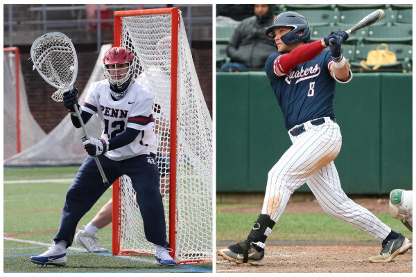 At left, goalkeeper Patrick Burkinshaw of the men’s lacrosse team defends the goal; at right, Wyatt Henseler of the baseball team swings at a pitch.