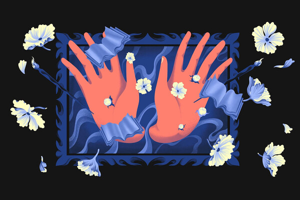 Cartoon of hands open with books and flowers flowing from the palms.