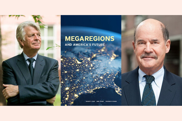 portraits of fritz steiner and bob yaro alongside the cover of their book with a map of the united states and the title megaregions and america's future