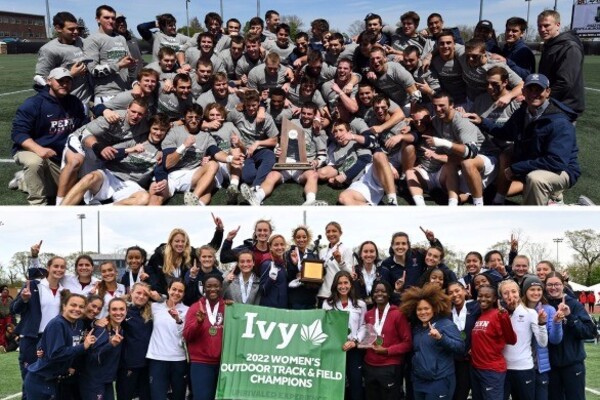 Top, members of the men's lacrosse team pose with their Ivy League Championship trophy; bottom, members of the women's track and field team pose with their championship banner.