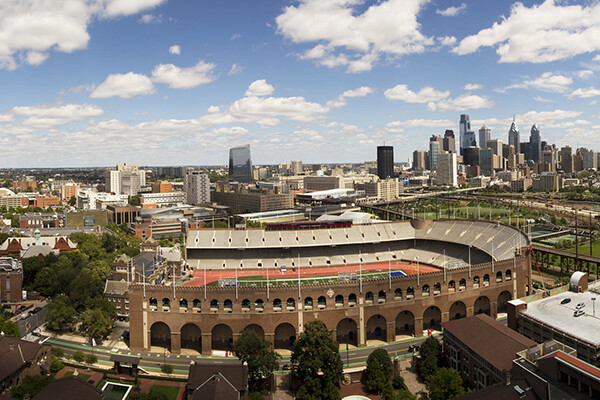 Franklin Field, with center city Philadelphia to the right in the background.
