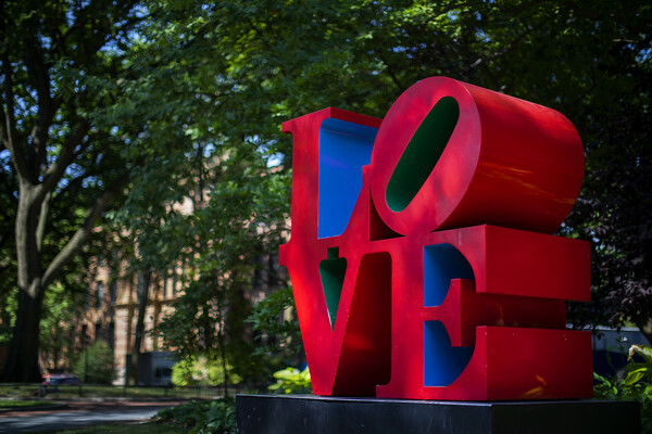 LOVE statue in the sunlight on College Green.