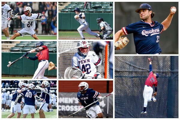 A collage of men's lacrosse players and players on the baseball team performing various sporting actions while playing in games.