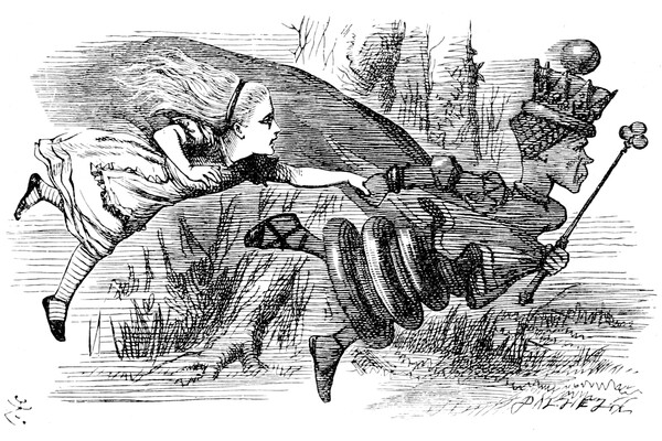 Illustration of Alice in Wonderland chasing the Red Queen