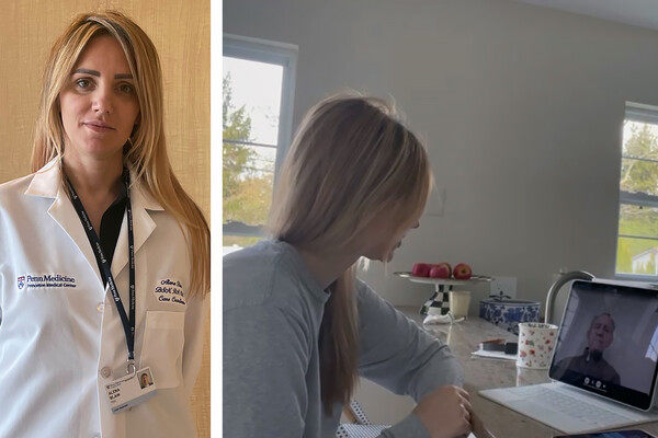 Left: Alena Blain in a medical white coat. Right: Alena Blain at a table video chatting.