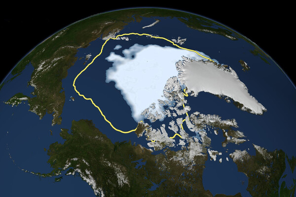 Satellite view of receding sea ice from space.