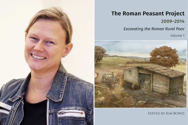 Kim Bowes and the cover of her book The Roman Peasant Project 2009-2014 with an illustration of a small wooden house in the country with a tree 