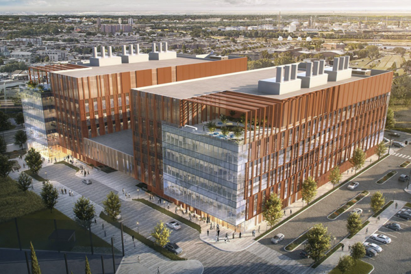 Rendering depicting aerial view of new life sciences building on Pennovation Works campus
