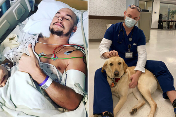Left, Jake Purnell in a hospital bed connected to wires and monitors giving a thumbs up. Right, Purnell in scrubs and a face mask sits on the floor petting a dog.