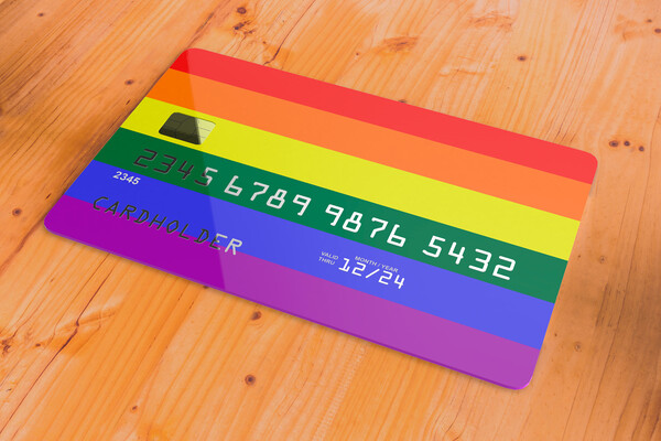 Credit card with rainbow colored stripes.