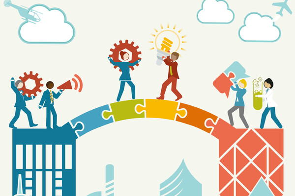 A colorful illustration of people on a bridge that looks like a puzzle. Each person carries something, including a cog, a lightbulb, a megaphone, and a beaker, to indicate collaboration.