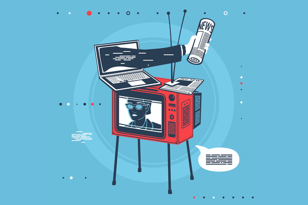 An illustration of an old television with a person in sunglasses on it. On top sits a laptop computer with an arm reaching out past the screen, holding a rolled up newspaper. Another newspaper lays flat on top of the screen.