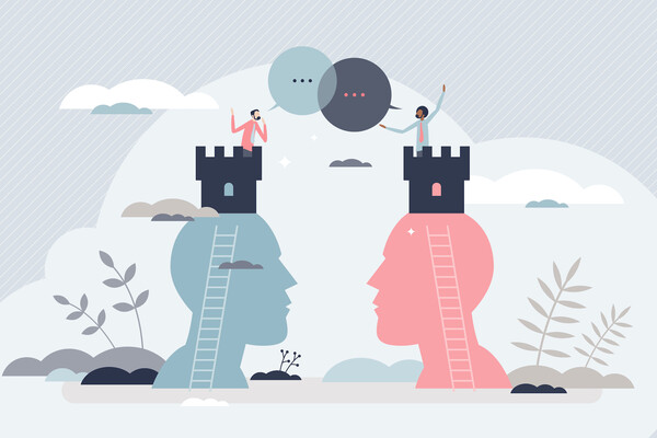 A drawing of two people shouting at each other from castle turrets, which are placed on top of silhouetted heads. Ladders are on the side of each head, and in the background are clouds, sky, and plant fronds.