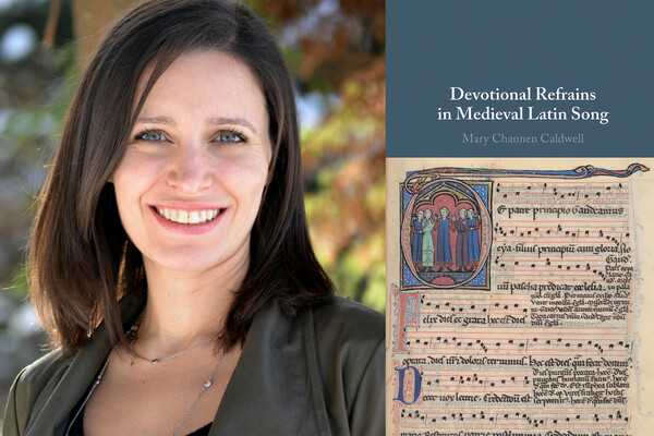 Mary Channen Caldwell and the cover of her book titled Devotional Refrain in Medieval Latin Song.