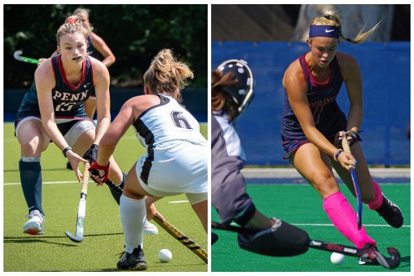 At left, Allison Kuzyk tries to steal the ball from an offensive player; at right Julia Russo makes a move on the goalie.
