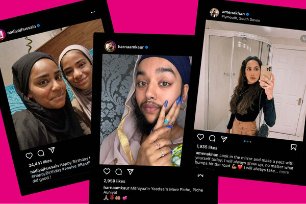 Three screenshots of Instagram influencer, at left Nadiya Hussein and. her daugher, center is Harnaam Kaur, and left is Amena Khan. 