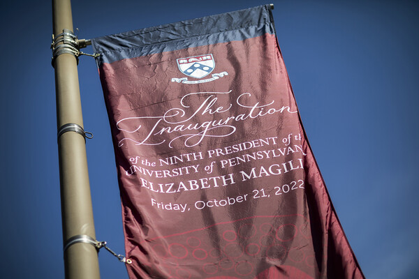 A banner with the Penn shield for the Inauguration of the ninth president, Liz Magill, on Friday, October 21, 2022.