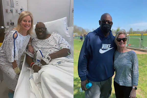 (Left) Molly Gray and Dan Napoleon in hospital gowns at HUP; right: Molly Gray and Dan Napoleon standing on a soccer field sideline.