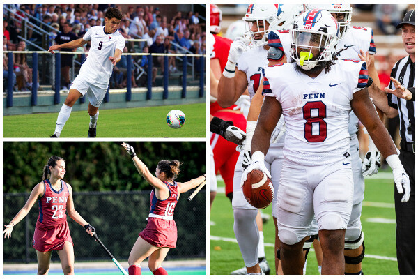 Top right: Ben Stitz kicks a soccer ball; bottom right: Livia Loozen and a teammate celebrate; right: Trey Flowers walks with the football.