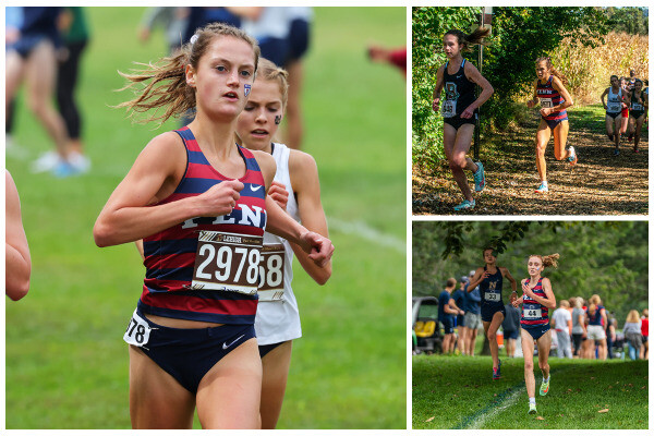 Third-year runner Maeve Stiles (left), fourth-year runner Lizzy Bader (top), and first-year runner Lily Murphy (bottom) run during a cross country race outside in the grass.