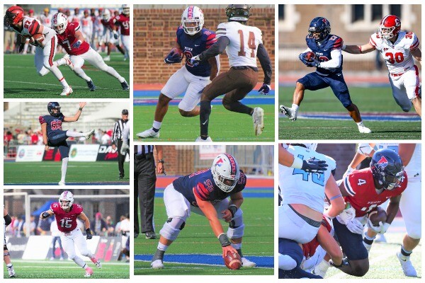 A composite shows the seven members of the football team who were selected First-Team All-Ivy.