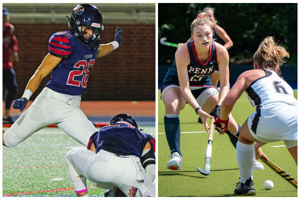 At left, Adrian Montemayor prepares to kick a field goal during a game at Franklin Field. At right, Allison Kuzyk battles for the ball with an opposing player.