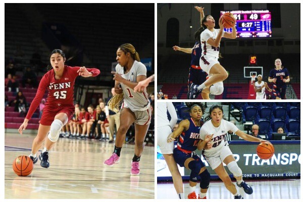 A collage of Kayla Padilla driving to the basketball against Temple and Bucknell.