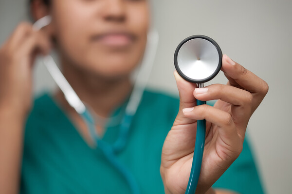 Closeup of a stethoscope held up by a medical worker.