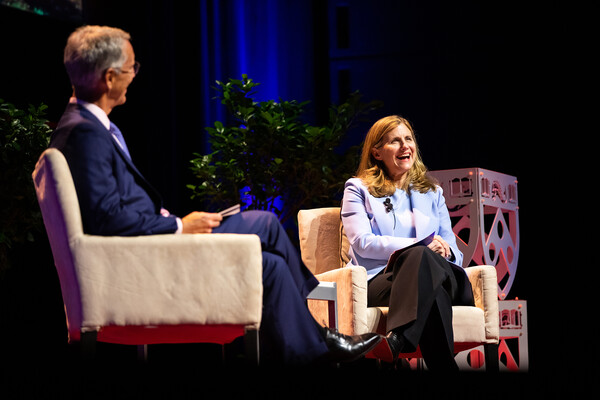 Penn President Liz Magill seated on stage at Penn Forward NYC.