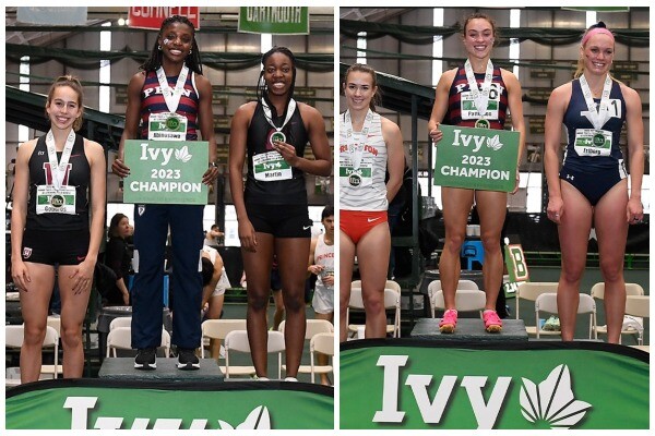 Moforehan Abinusawa, left, and Bronwyn Patterson, right stand on the podium holding Ivy 2023 Champion placecards after the Ivy Heps Indoor Championships.