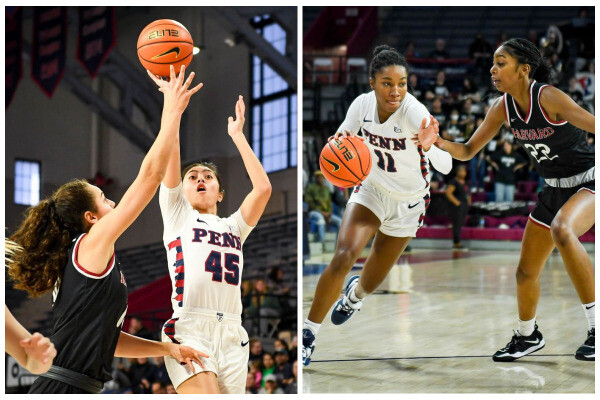 Kayla Padilla, left shoots a shot over a defender against Harvard. Simone Sawyer, right, dribbles to the basketball against Harvard.
