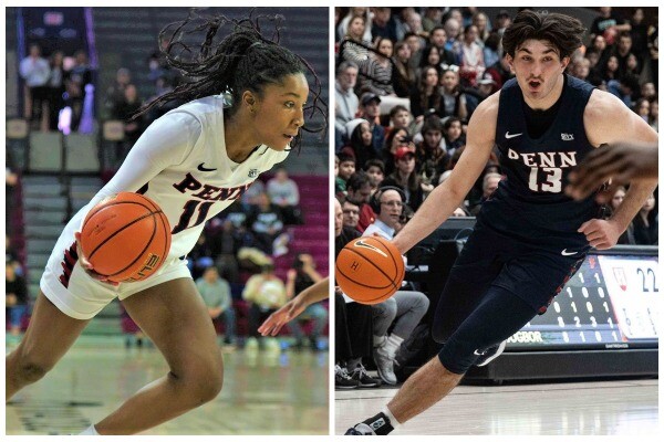 Simone Sawyer, left, drives to the basketball against Harvard at the Palestra. Nick Spinoso, right, drives to the basket against Harvard at Harvard.