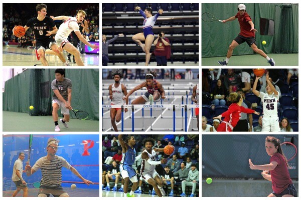 A collage showing basketball, gymnastics, tennis, track and field, and squash athletes competing in sports.