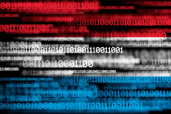Red, white and blue zeros and ones indicating computer data.