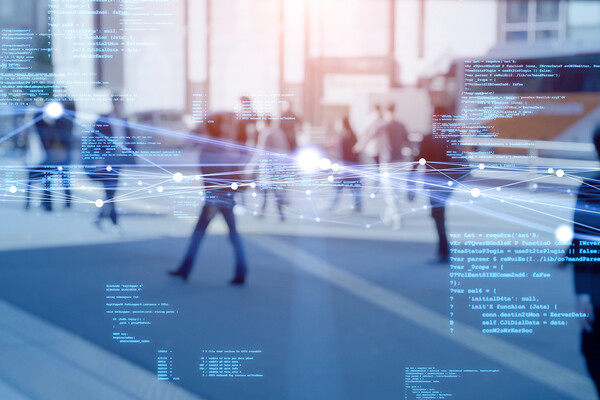 Crowd of pedestrians with data points overlapping over the graphic.