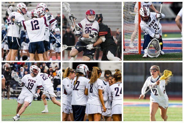 A collage showing men's and women's lacrosse players huddling up, swinging their sticks, and defending the goal during games.I